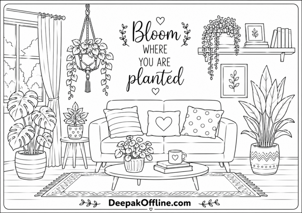 Bloom Where You Color — Printable Sheets for Garden Lovers 9 Cozy plant filled living room for coloring