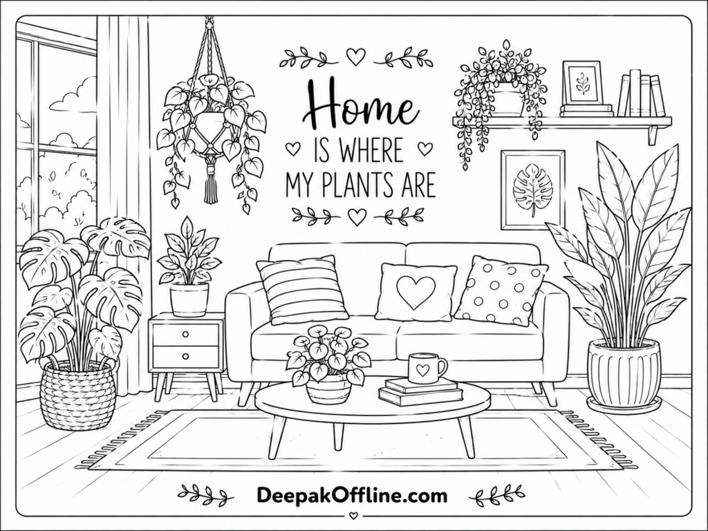 Bloom Where You Color — Printable Sheets for Garden Lovers 7 Cozy plant filled living room illustration