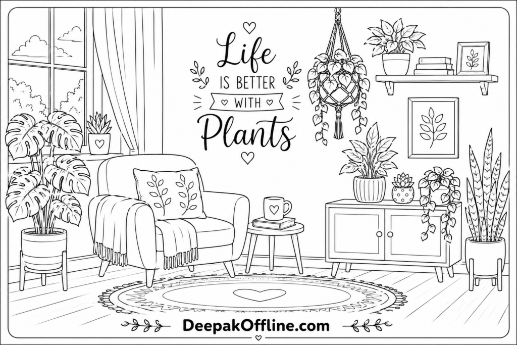 Bloom Where You Color — Printable Sheets for Garden Lovers 8 Cozy plant nook with heart accents