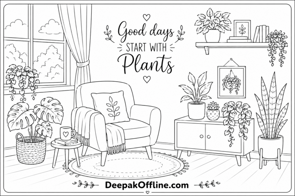 Bloom Where You Color — Printable Sheets for Garden Lovers 3 Cozy reading nook with plants