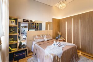 elegant modern bedroom with breakfast tray