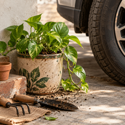 Pothos Plant and Garden Tools by Car Tire Vintage Distressed Wooden Frame with Gold Accents