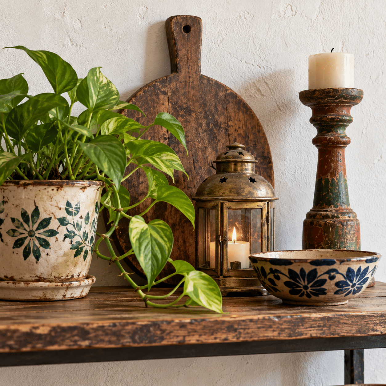 Rustic Shelf Vignette with Lantern and Plant