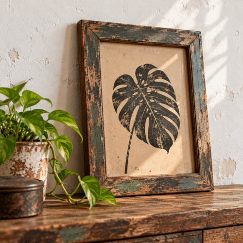 Vintage Botanical Frame and Pothos Vignette Vintage Distressed Wooden Frame with Gold Accents