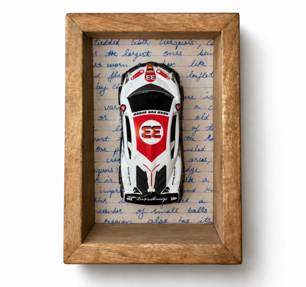 Vintage Race Car Shadowbox on Handwritten Paper Miniature Car Wooden Shadow Box Frame – Decorative Art for Car Lovers