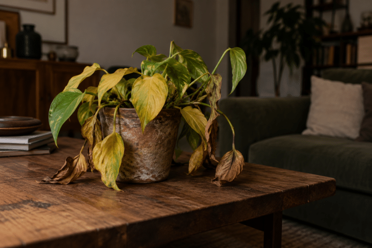 Wilted Pothos on a Rustic Table